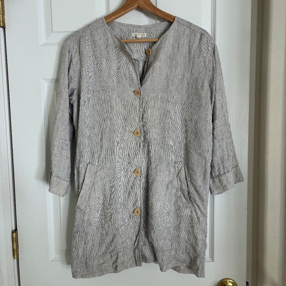 Eileen Fisher black white stripe lagenlook button down organic linen tunic PS